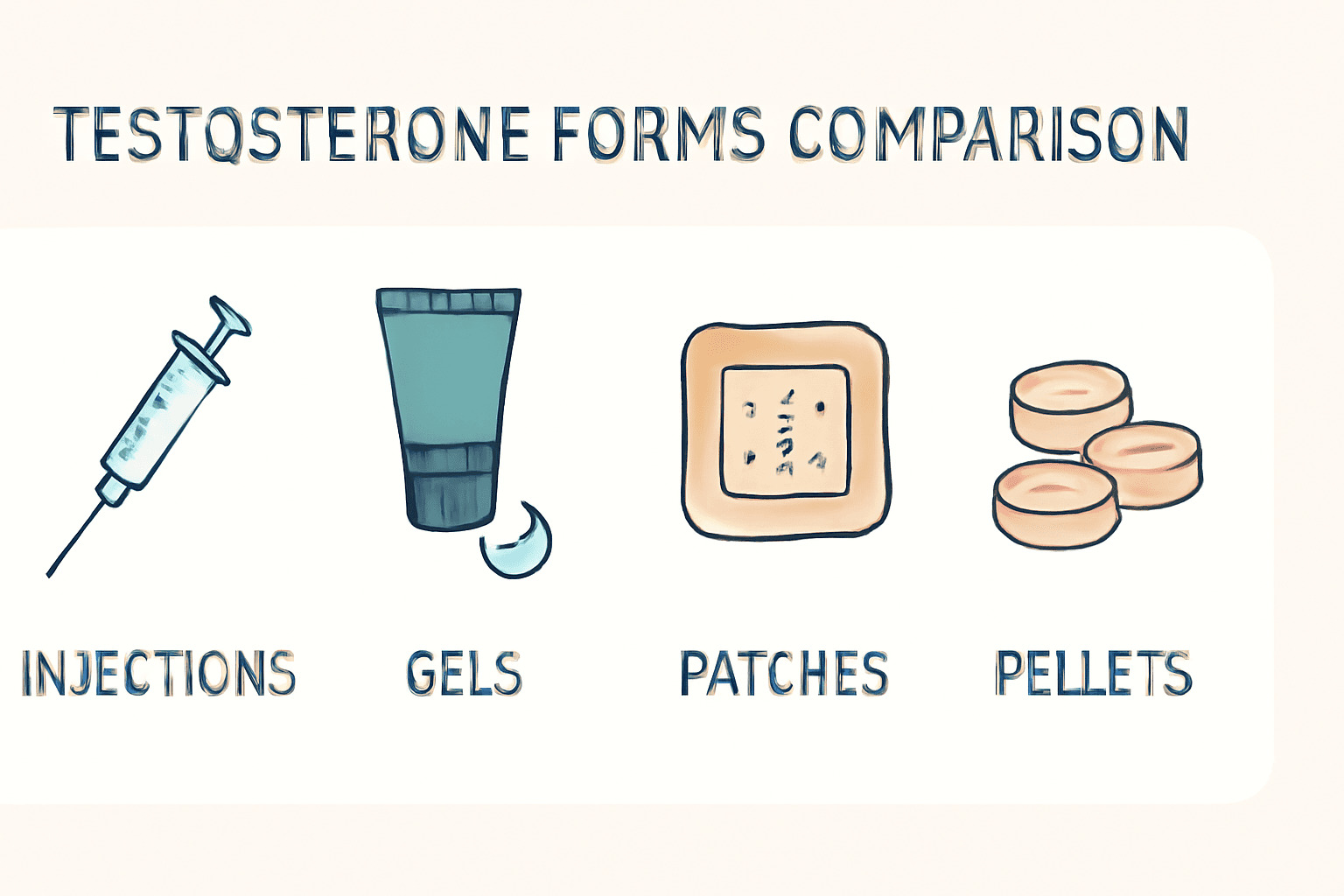 Comparison infographic showing different forms of testosterone therapy: injections, gels, patches, and pellets for TRT