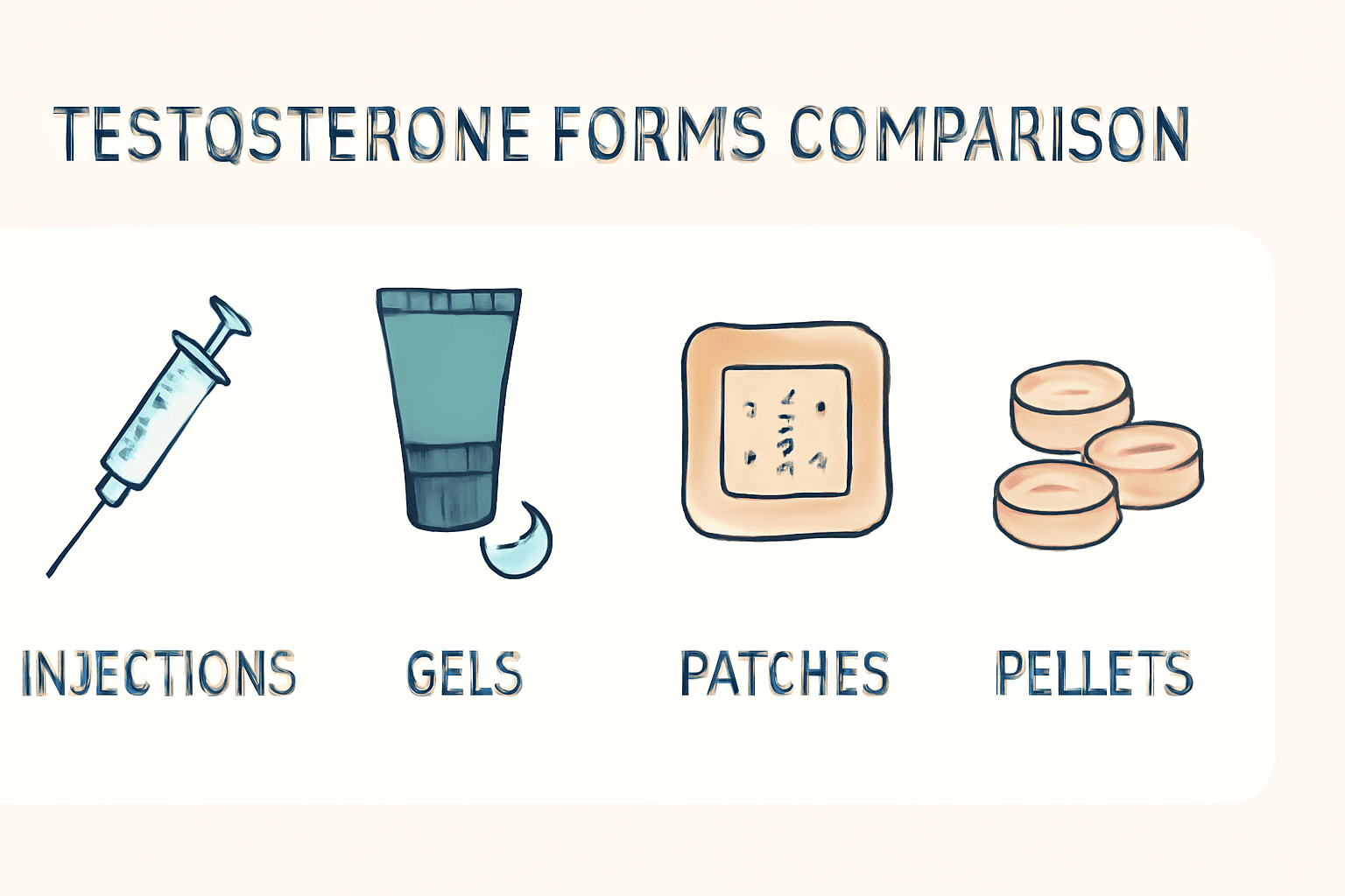 Comparison infographic showing different forms of testosterone therapy: injections, gels, patches, and pellets for TRT