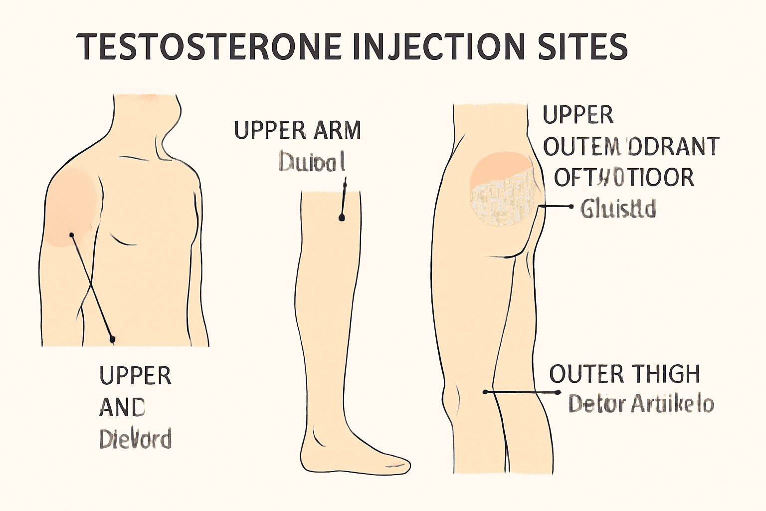 Testosterone injection sites diagram showing gluteus, thigh, and deltoid muscles for testosterone replacement therapy injections