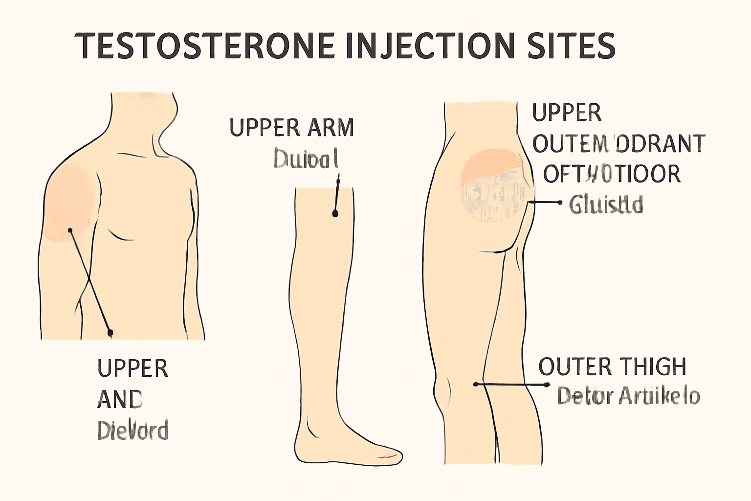 Testosterone injection sites diagram showing gluteus, thigh, and deltoid muscles for testosterone replacement therapy injections